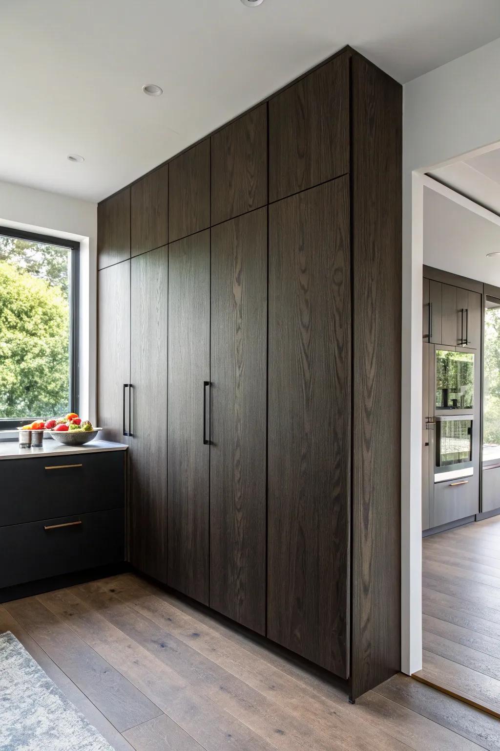 A hidden pantry door that vanishes into dark cabinets for a seamless, built-in look.