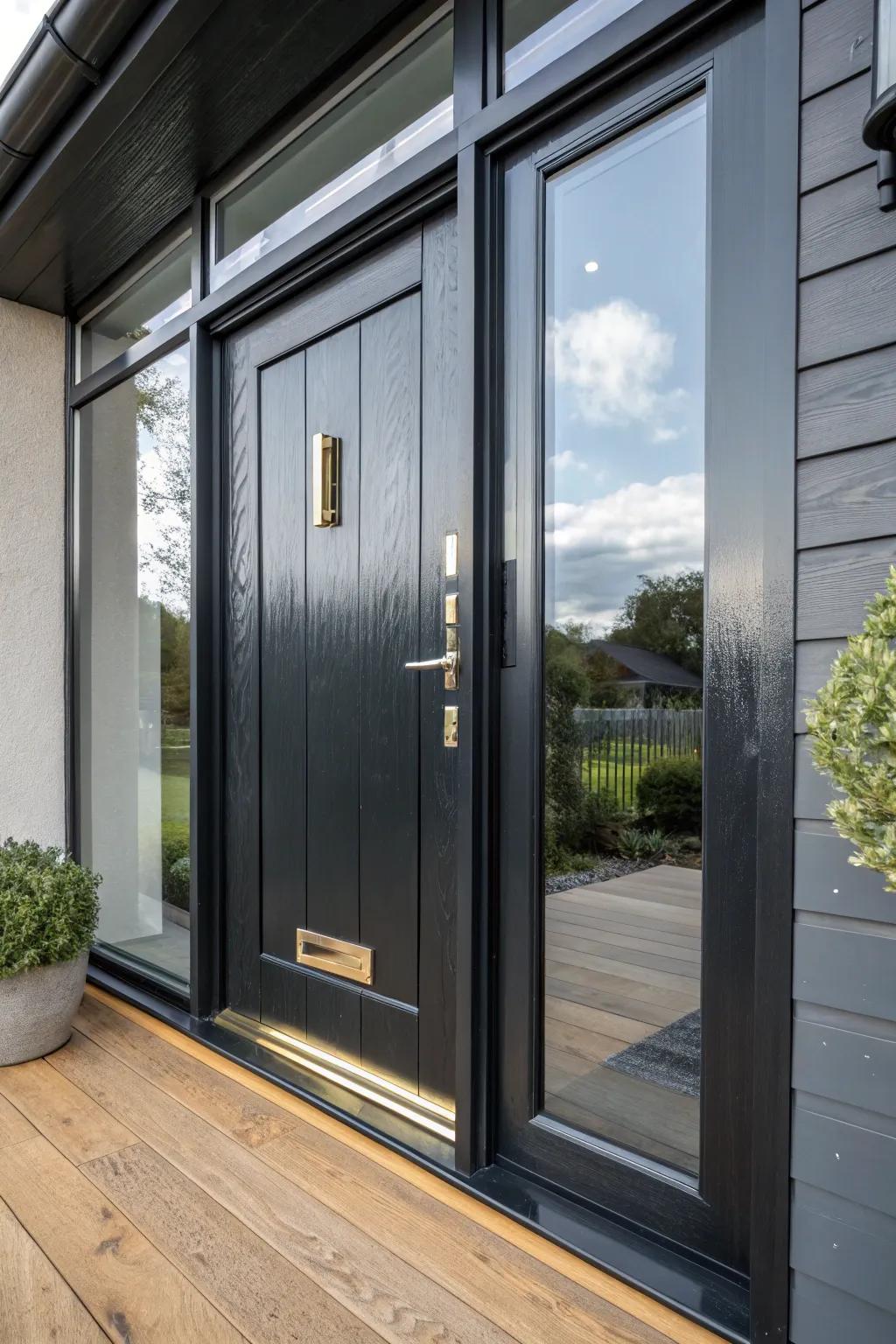 High-gloss jet black on dark gray—sleek lacquer shine that makes the entry feel like art.