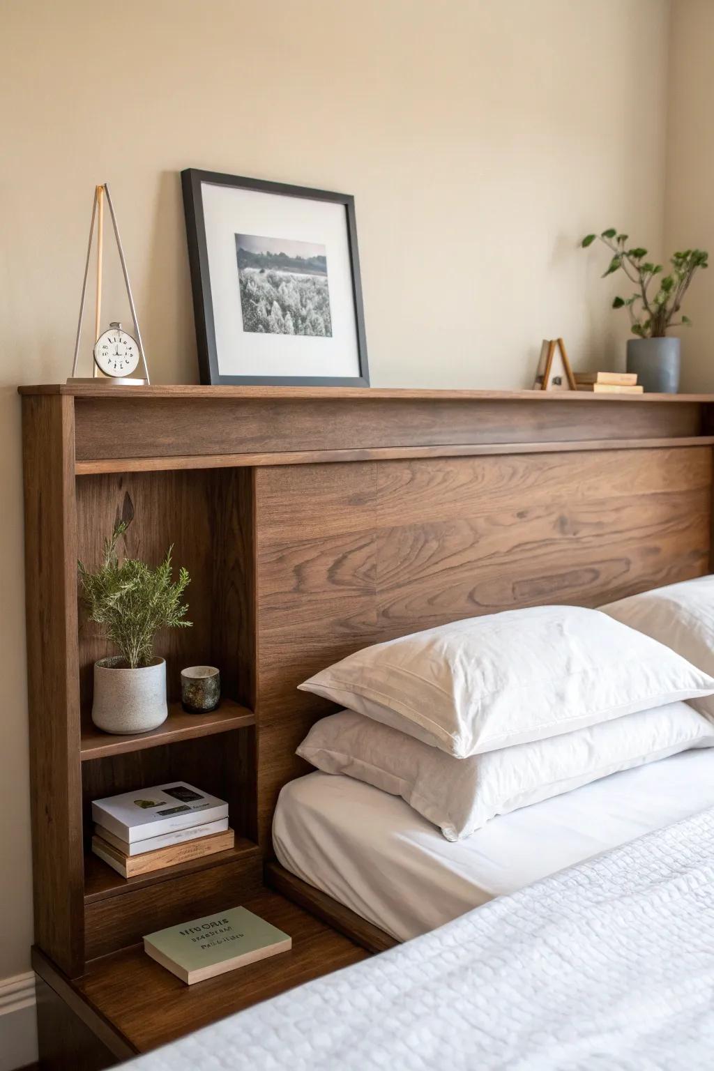 A dark wood headboard with a slim ledge—perfect for art or a plant in tight bedrooms.