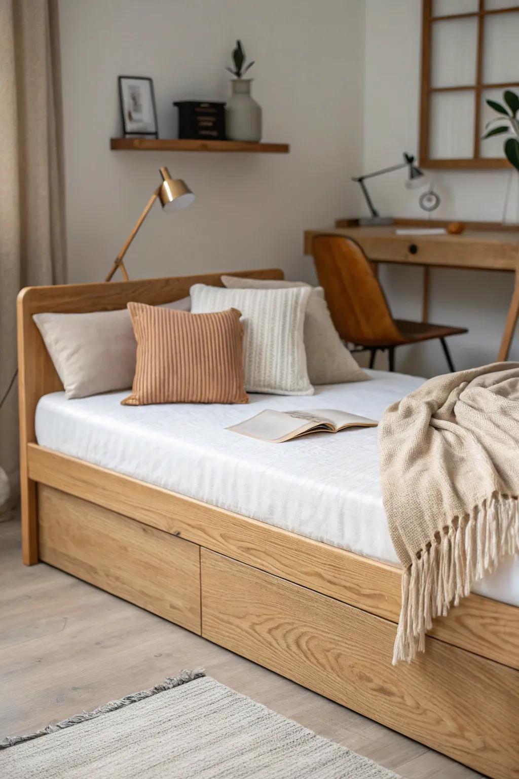 A calm oak daybed by the desk—neutral linens and repeated wood tones for a serene work-break nook.
