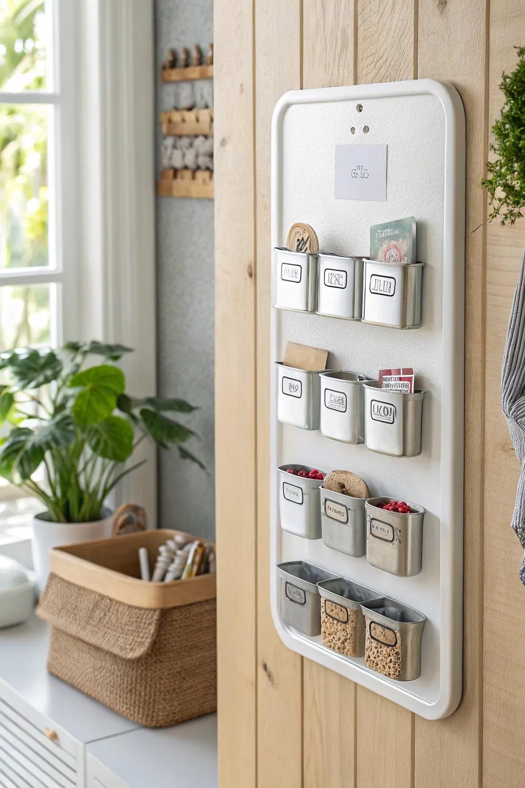 Magnetic tin wall keeps tiny daycare manipulatives sorted—beautiful, simple, always in reach.