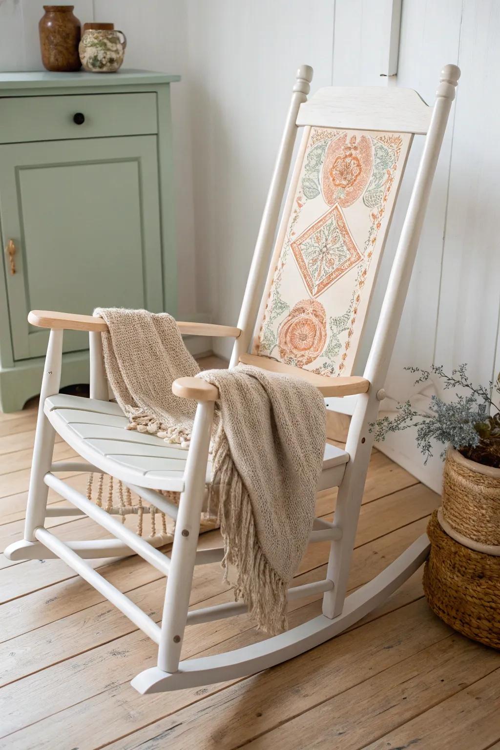 Give an old rocking chair a fresh finish with a soft stencil pattern on the back slats.