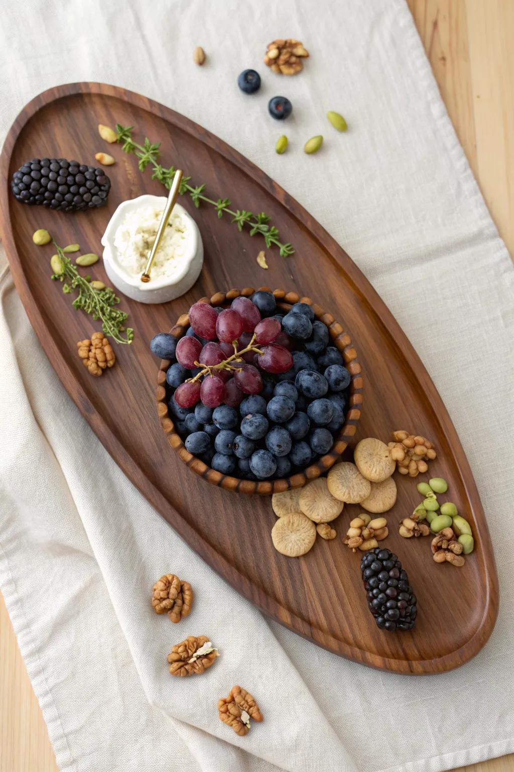 Geode-inspired charcuterie board: berry “crystals” framed by cheese and nuts on rich walnut.