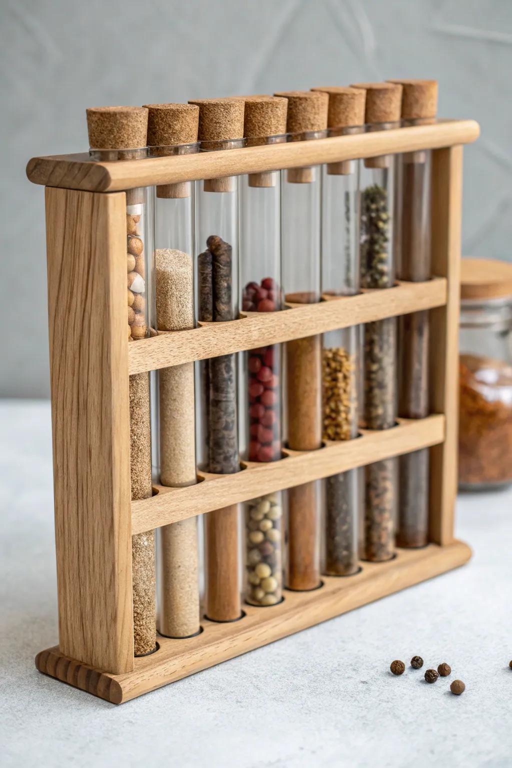 Oak test‑tube spice rack: whole spices lined up like a modern, handcrafted color palette.
