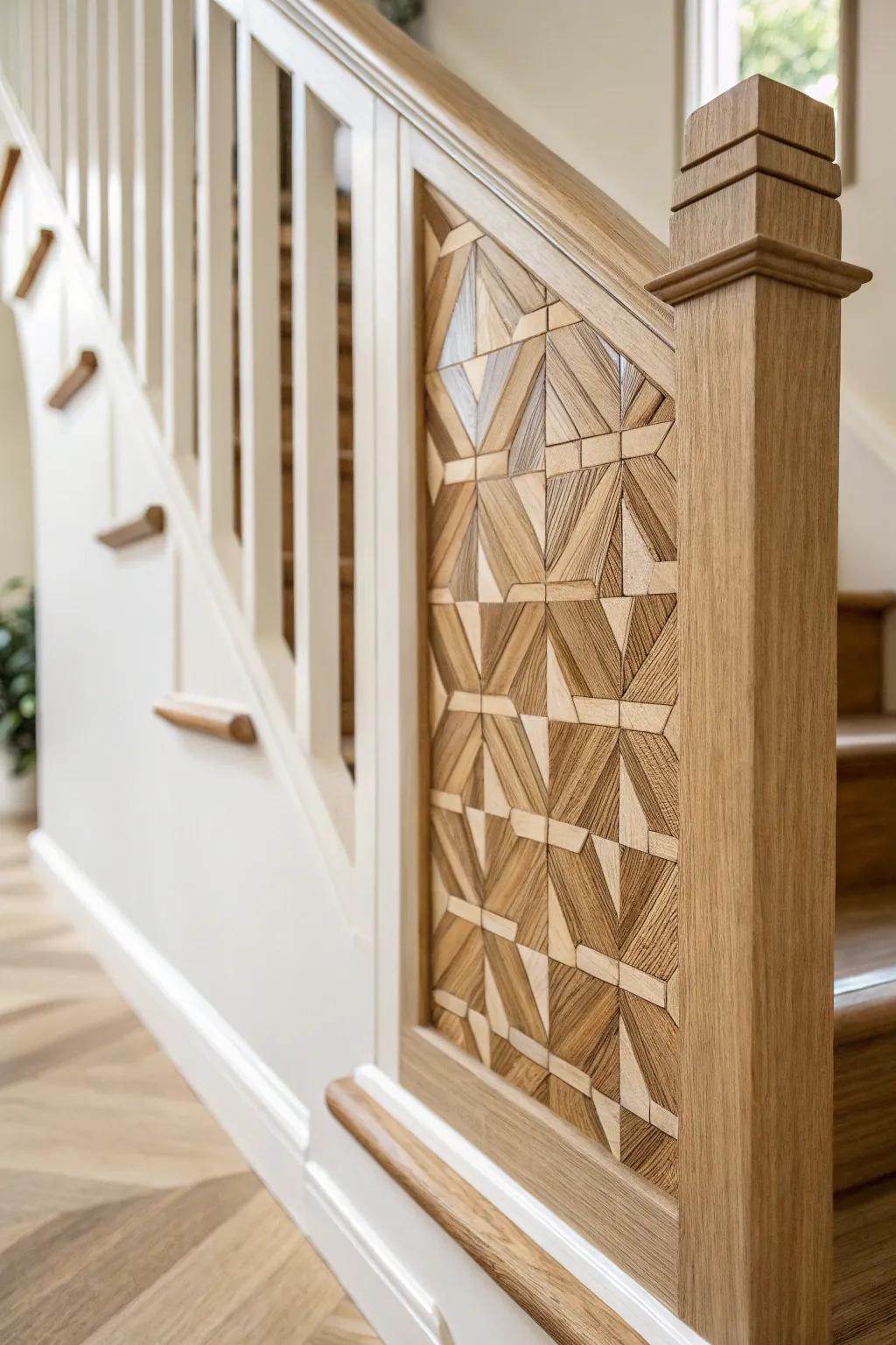 A minimalist stair stringer upgraded with a handcrafted wood mosaic panel—simple, artsy, timeless.