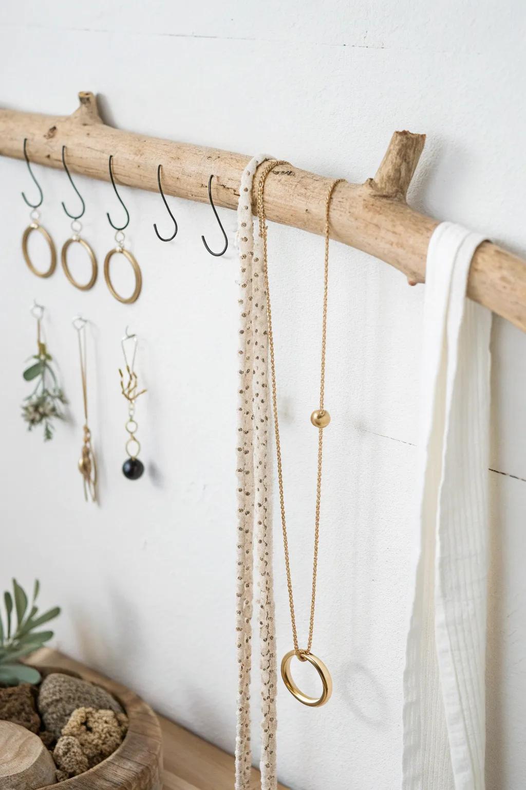 A smooth birch branch turns jewelry storage into minimalist wall art with warm brass hooks.