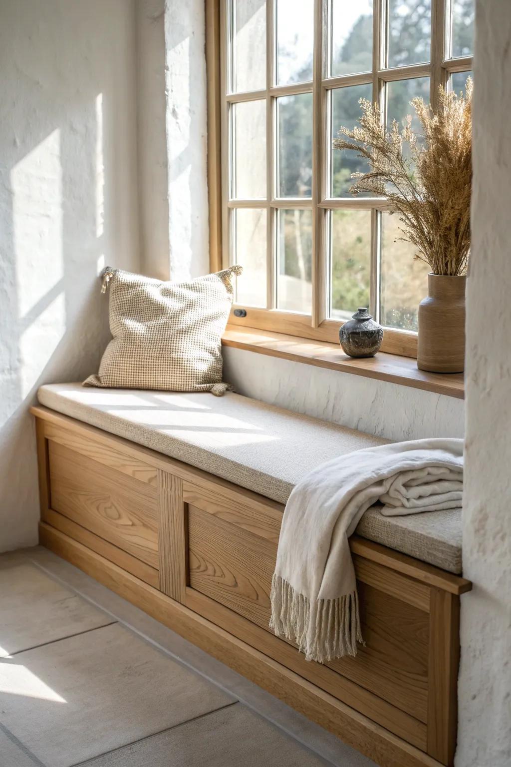 Deep window sill turned into a hidden lift-top bench—warm oak storage with minimalist charm.