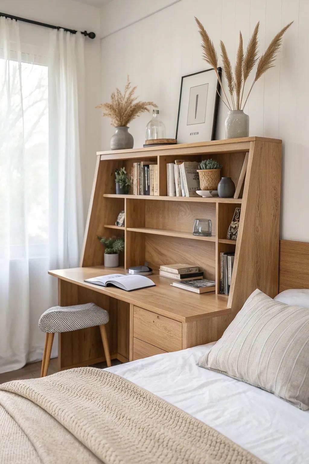 A bookcase headboard that hides a roomy desk behind the bed—clean, calm, and clever.