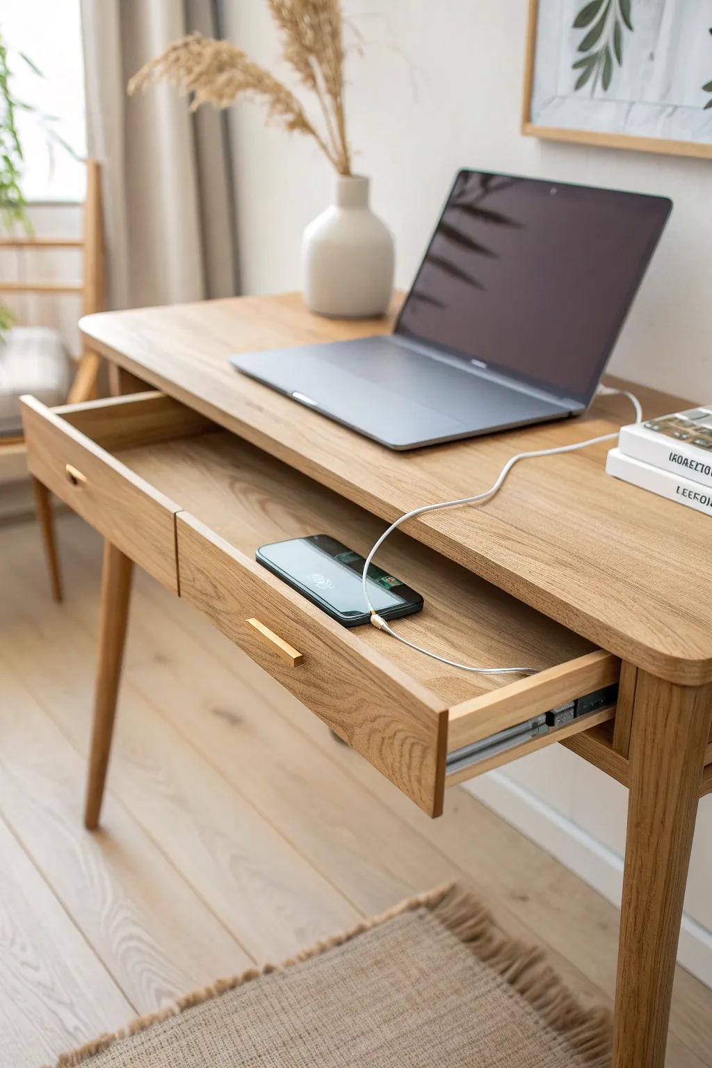 A sleek oak desk with a hidden cable channel—clean lines, calm vibes, and zero cord clutter.