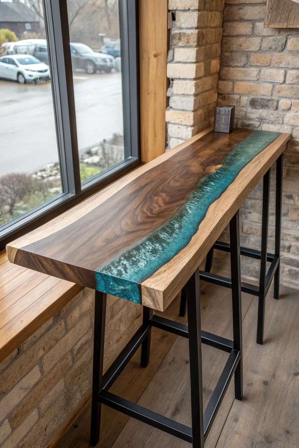 Live-edge walnut and crystal resin “river” bar top—minimal, bold, and built to be touched.