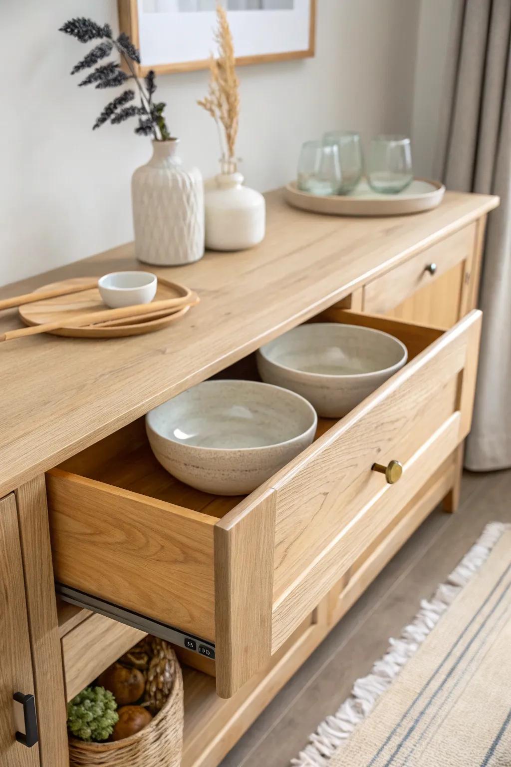 A built-in oak feeding drawer that hides pet essentials—beautifully and clutter-free.