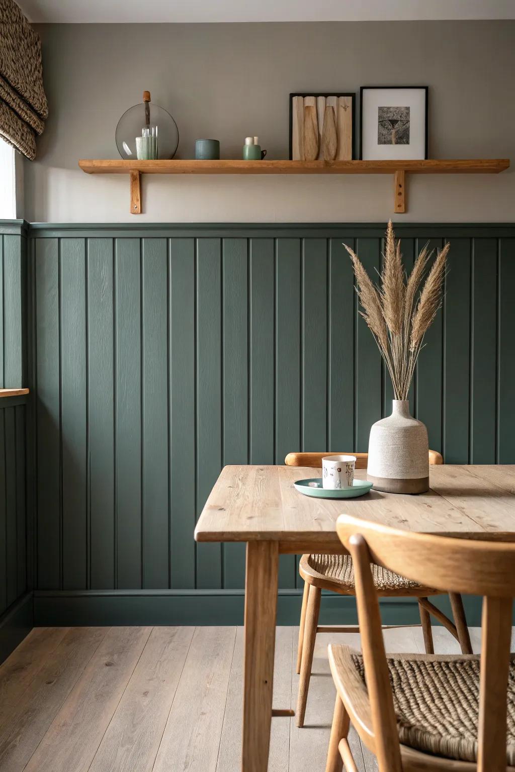Color-drenched wooden paneling adds a soft, moody dining-room glow with effortless elegance.