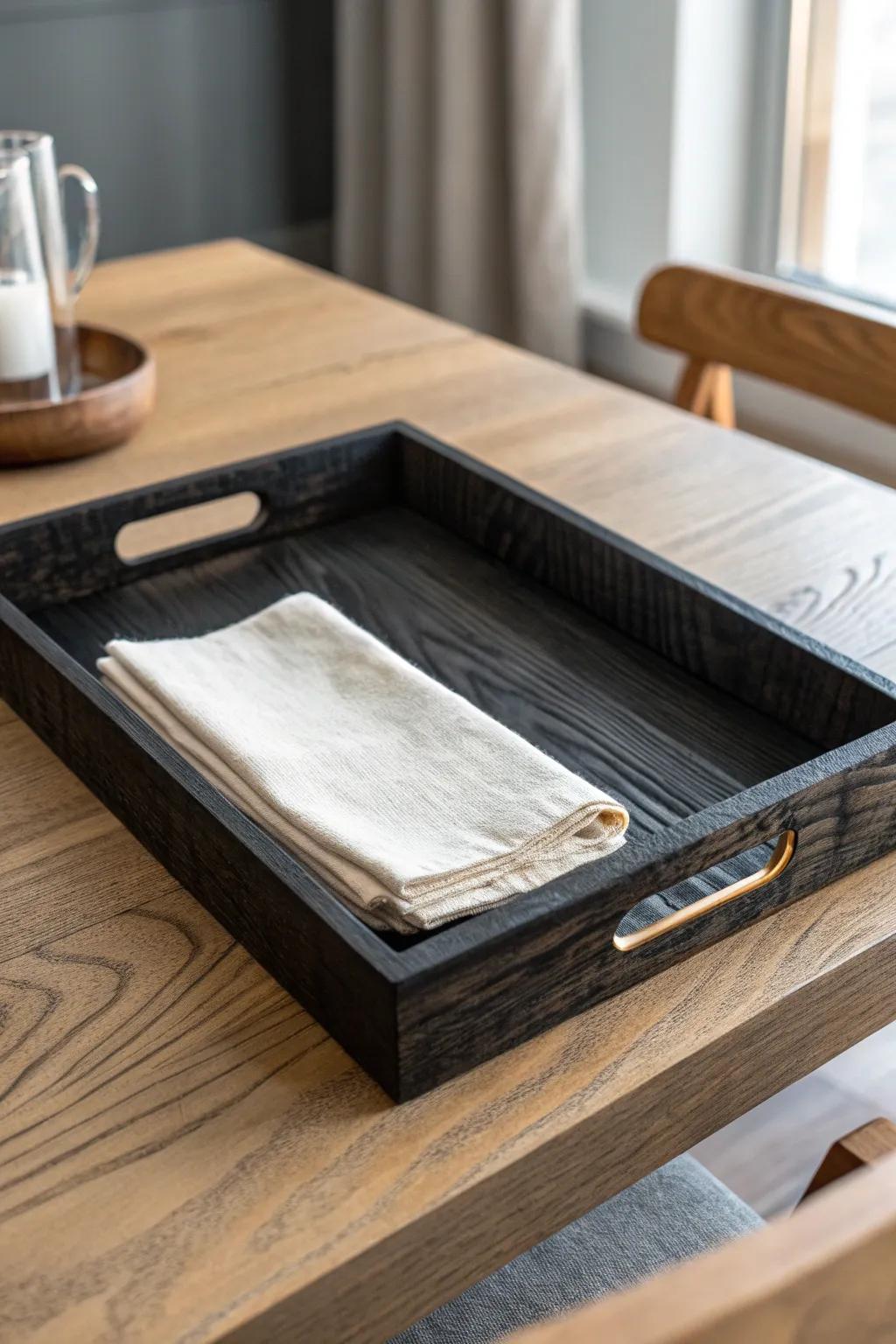 Charred-wood tray decor with a brushed-brass pop—rustic edge, clean Scandinavian calm.