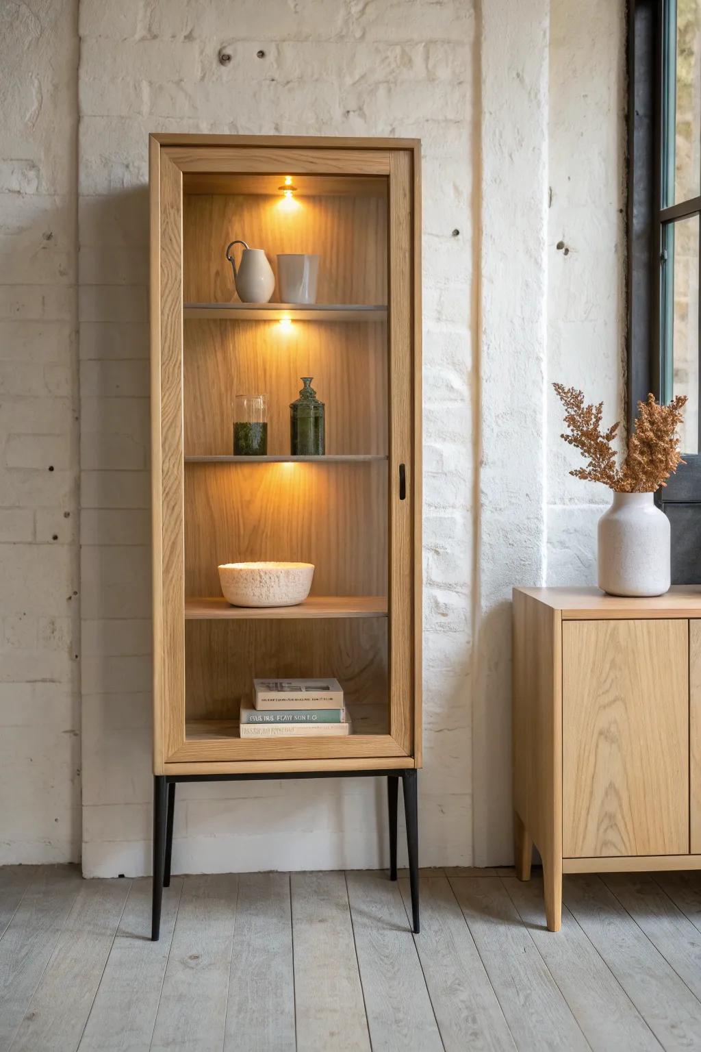 Two-tone cabinet lighting: warm glow inside, crisp neutral wash outside for layered drama.