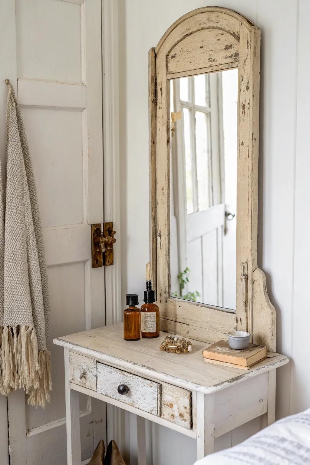 Vintage door turned vanity—romantic, minimal, and perfect for a cozy DIY bedroom refresh.