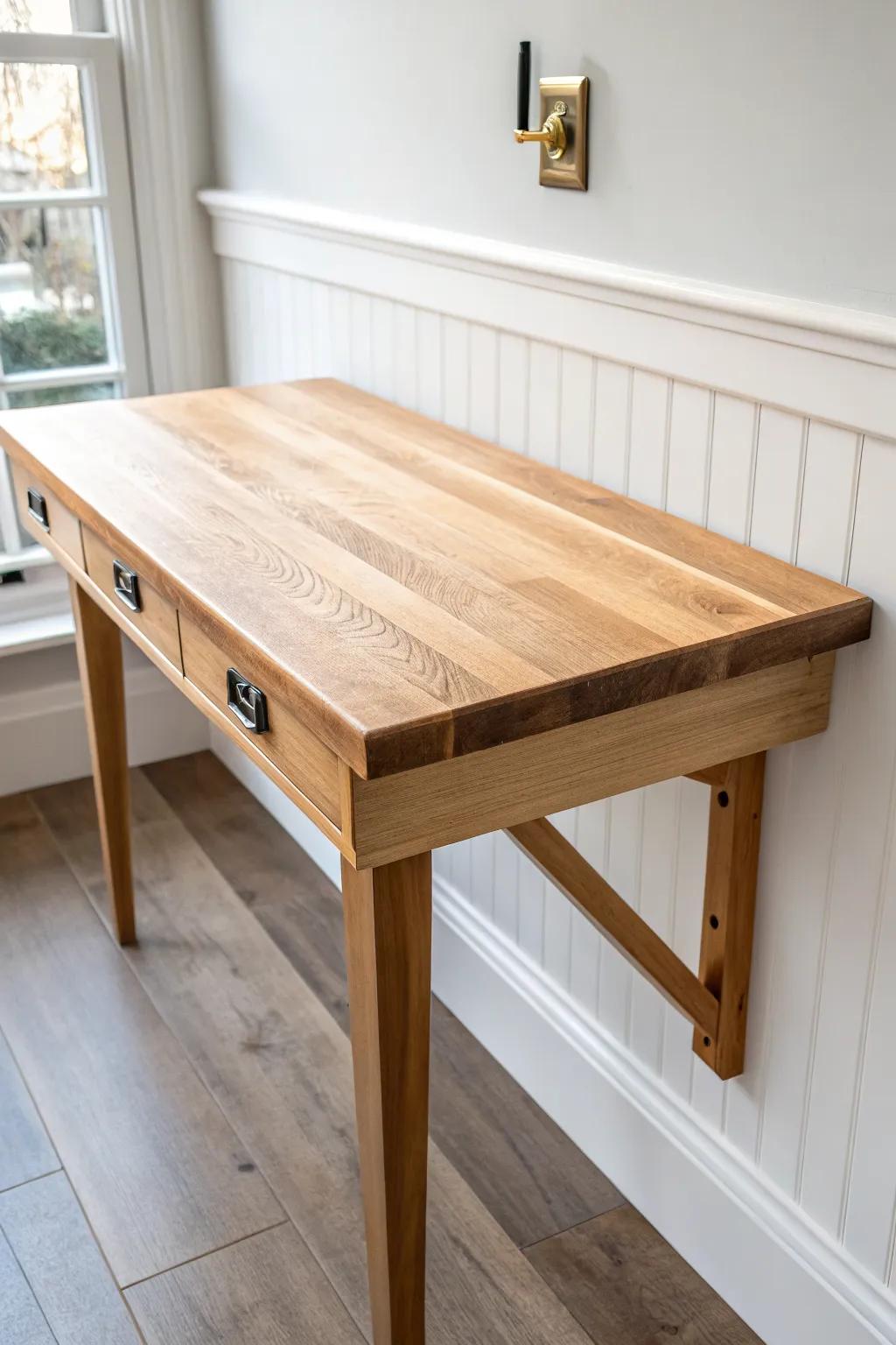 Fold-down butcher block wall table—minimal, sturdy, and perfect for small-kitchen prep.