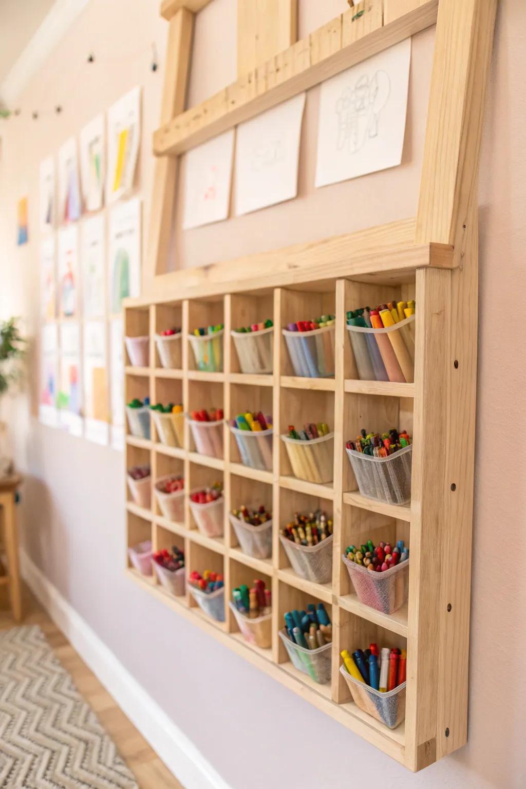 Elevate your crayon storage with a chic, wall-mounted organizer – where simplicity meets vibrant creativity!