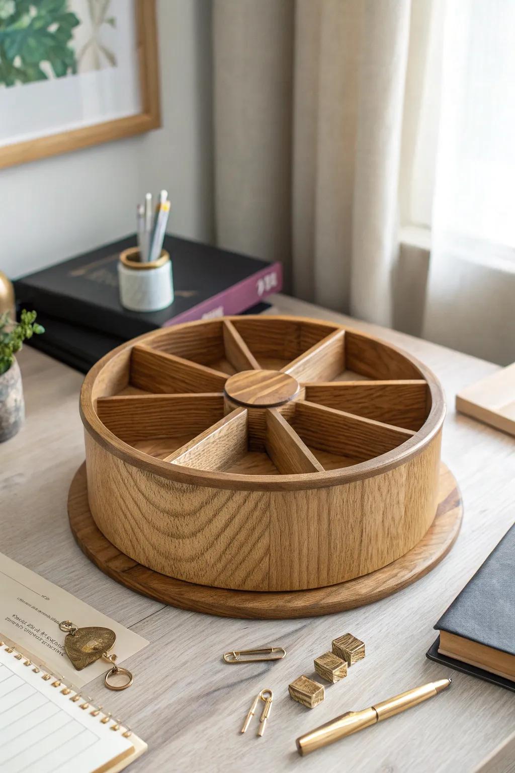 DIY rotating lazy susan desk organizer—handcrafted wood, minimal, keeps essentials within reach.