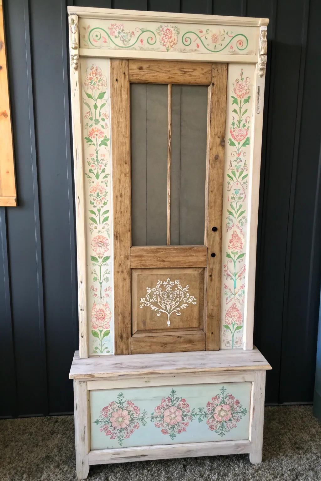 Transform your space with a touch of artistry: A DIY hall tree with stenciled floral elegance.