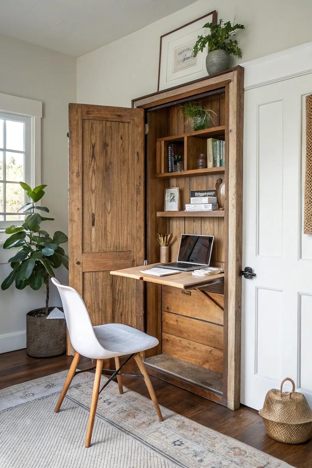 Reclaimed door Murphy desk—rustic grain, clean box frame, and minimalist Scandinavian charm.