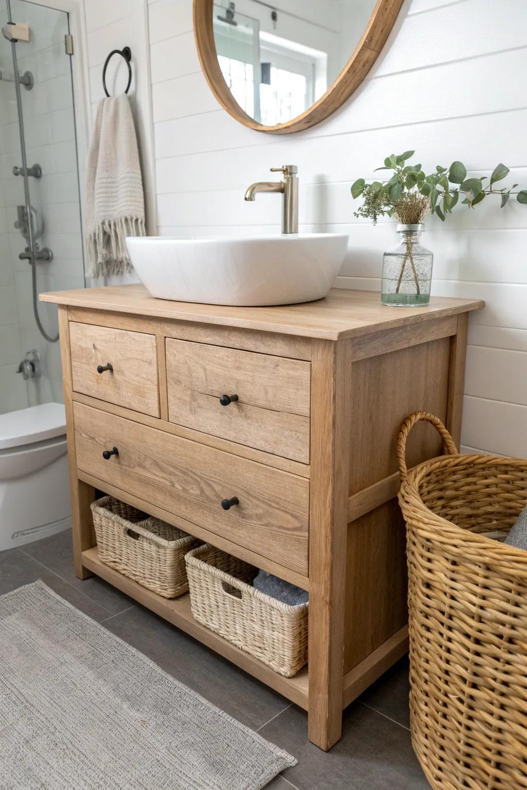 Old dresser to bathroom vanity: warm wood, brass, and smart storage in a clean, airy look.