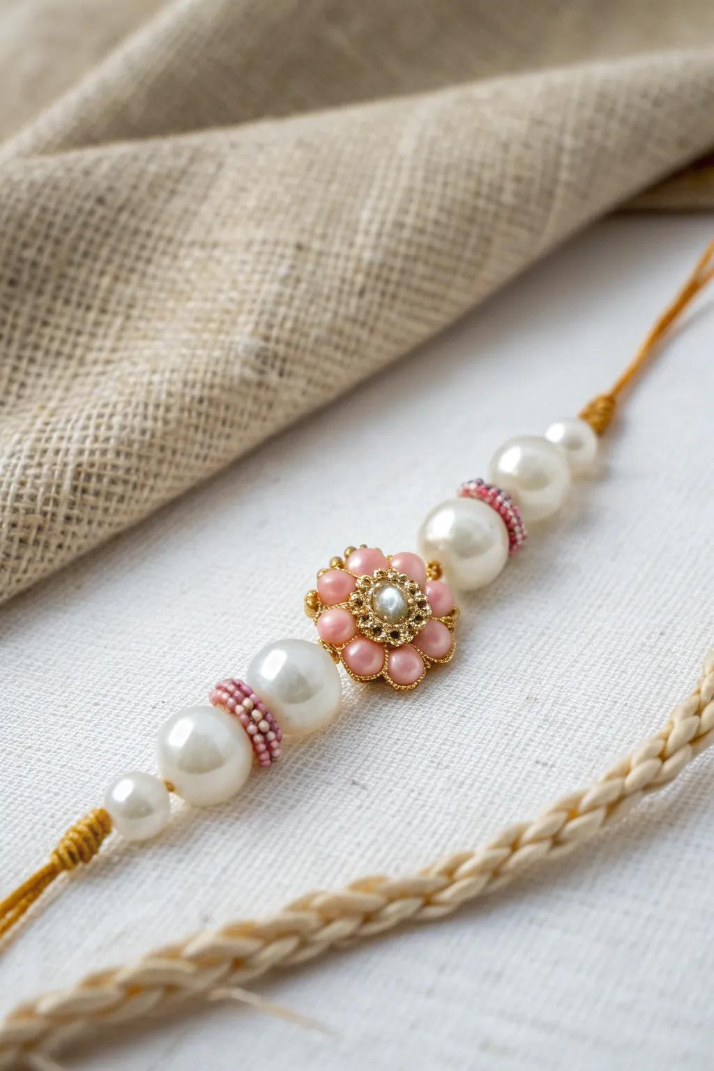 Embrace timeless elegance with a pearl and bead rakhi – a perfect blend of simplicity and beauty.