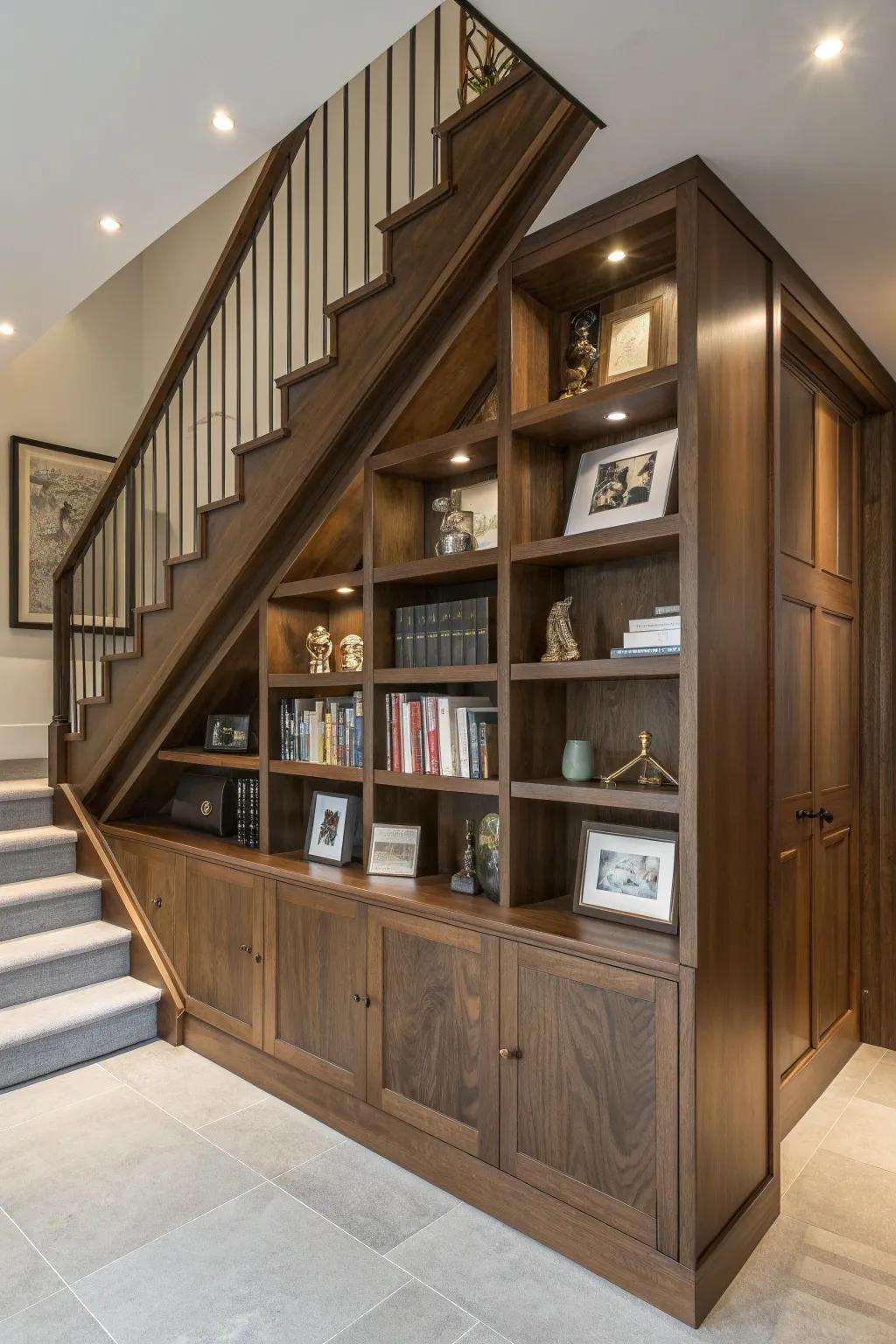 Transform your under-stair space into a captivating mini-library that exudes style and sophistication.