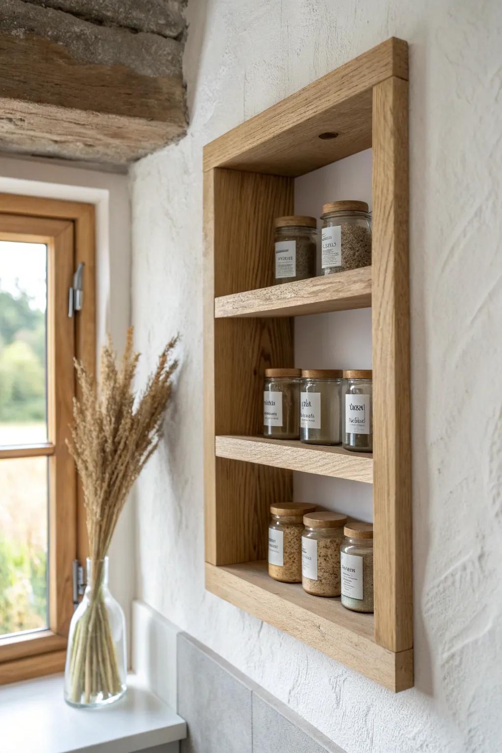 A sleek between-studs oak spice niche—minimal, handcrafted, and beautifully organized.