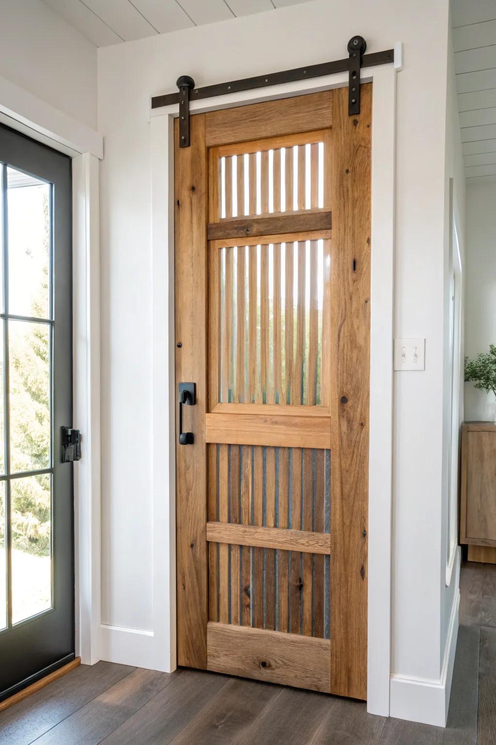 Reclaimed wood slat screen overlay: rustic privacy that turns a plain glass door into art.