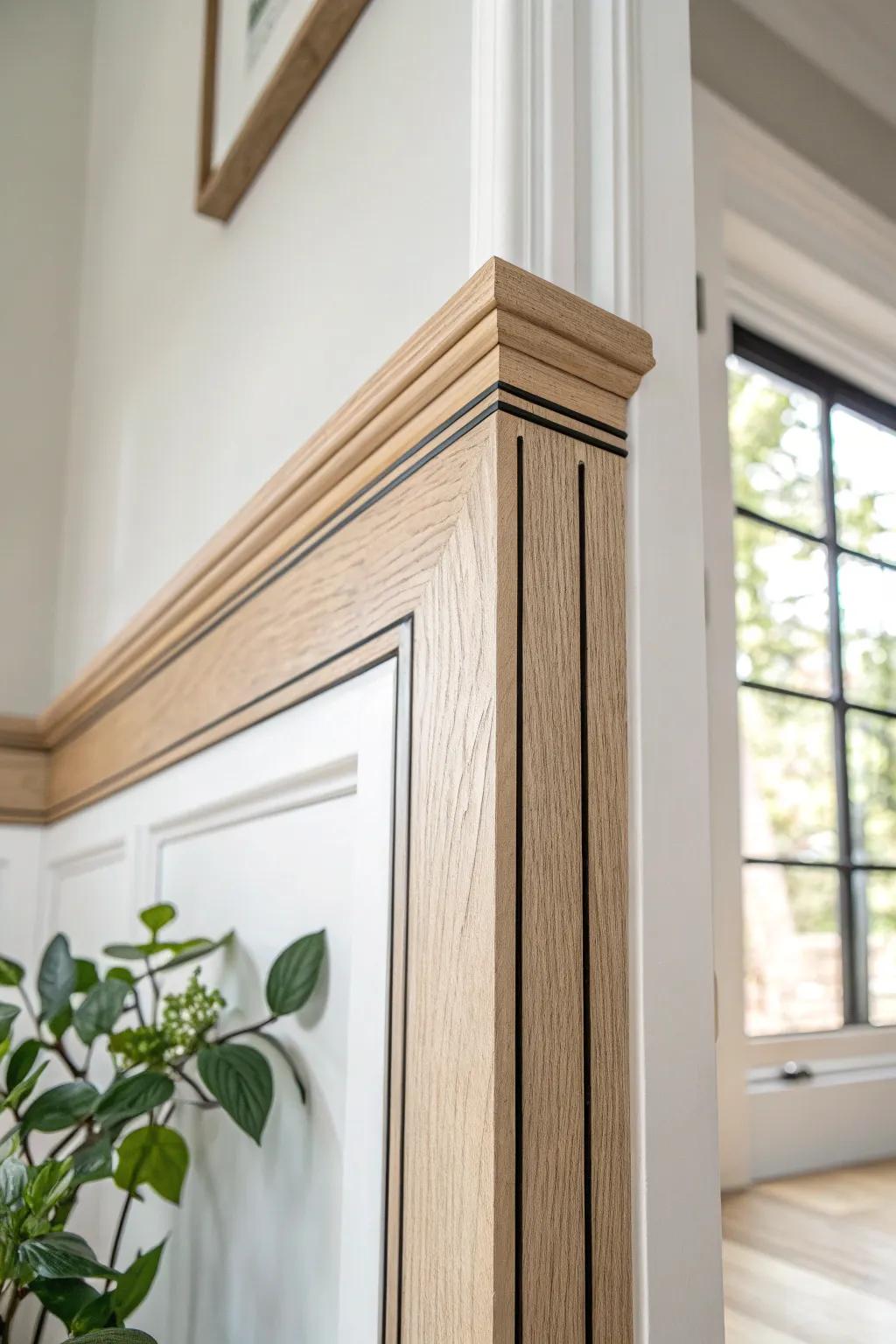 A slim charred-wood inlay turns simple doorway trim into crisp, custom millwork.