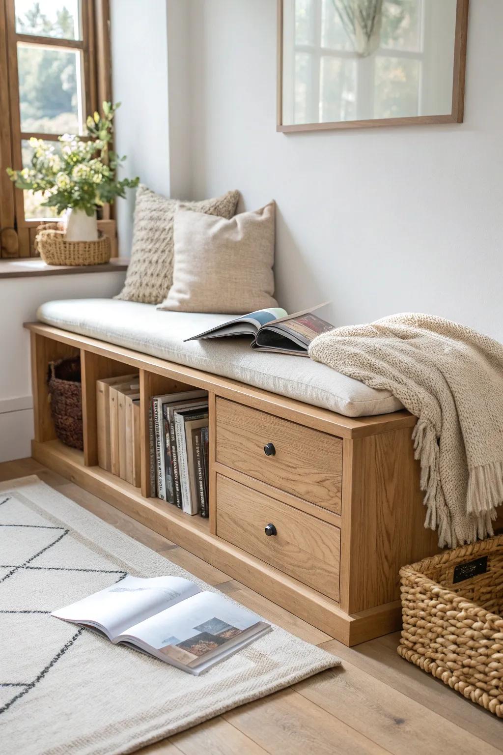 A dreamy dormer reading nook: cozy seat above hidden book drawers for a mini library.