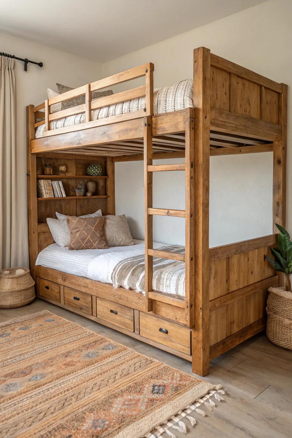 A reclaimed-wood bunk bed with honest knots and dings—minimal, warm, and full of story.