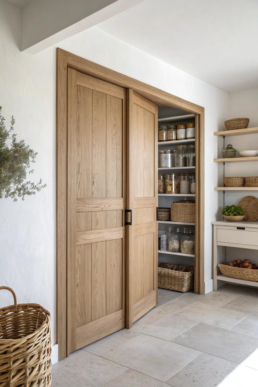 Pocket double pantry doors in light oak—maximum access, zero swing space, pure calm style.