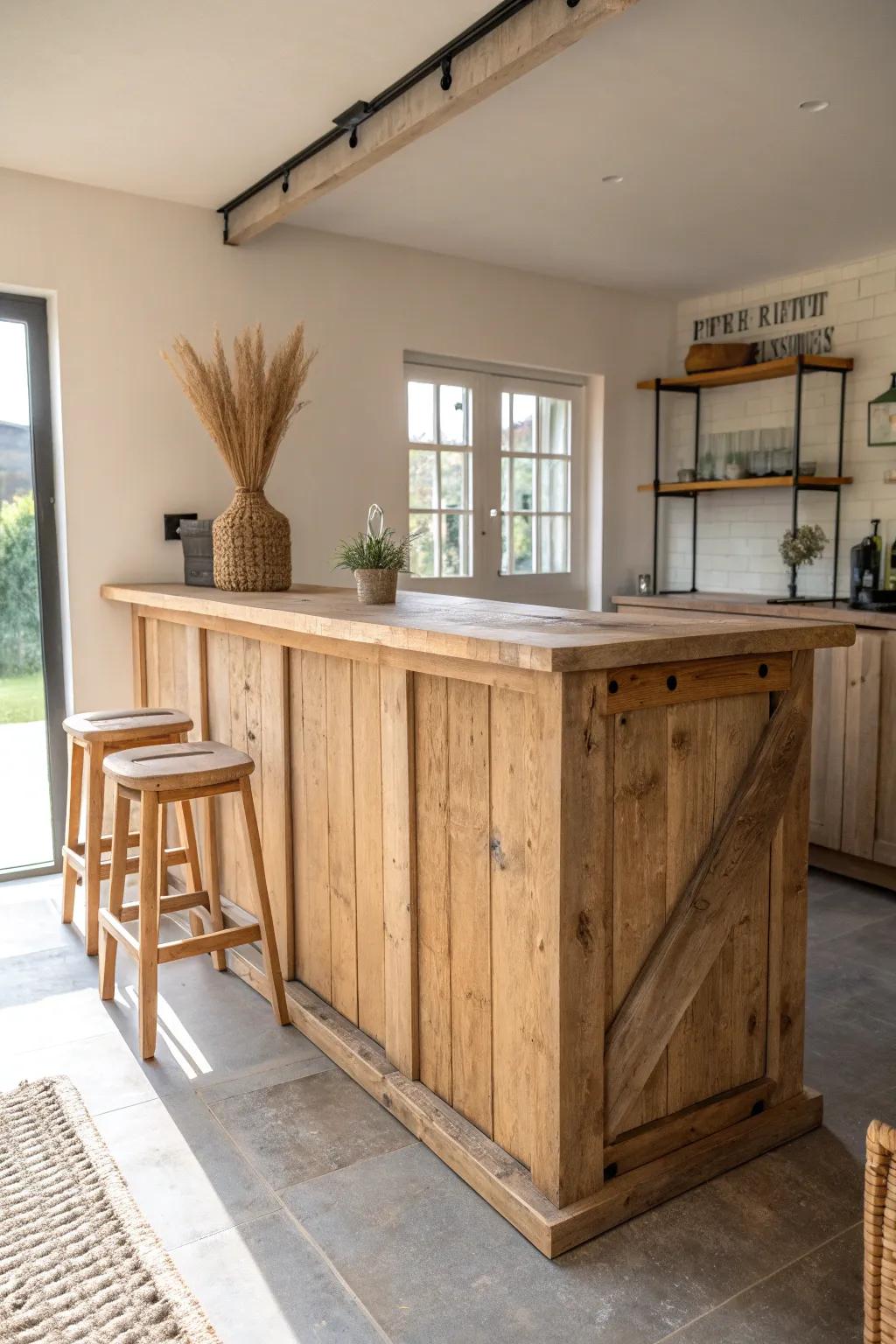 Rough-sawn wood bar front with a clear finish—minimal, warm, and ready for game nights.