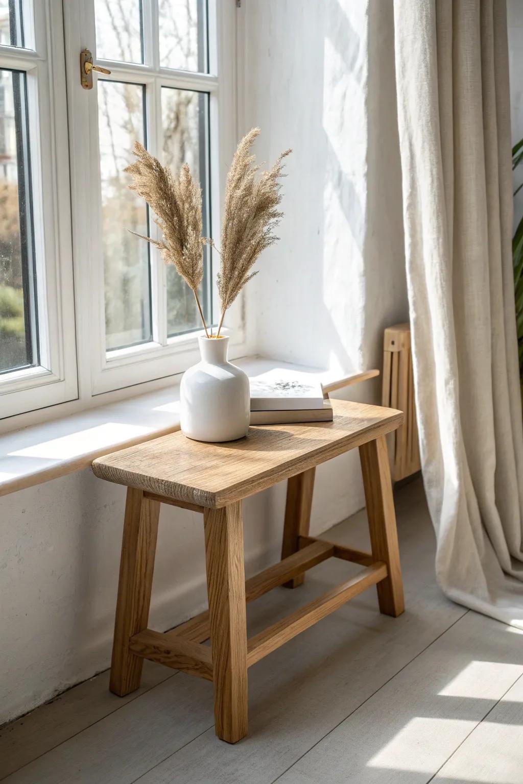 Extra-deep window stool turns double window trim into a clean, sunlit display ledge.