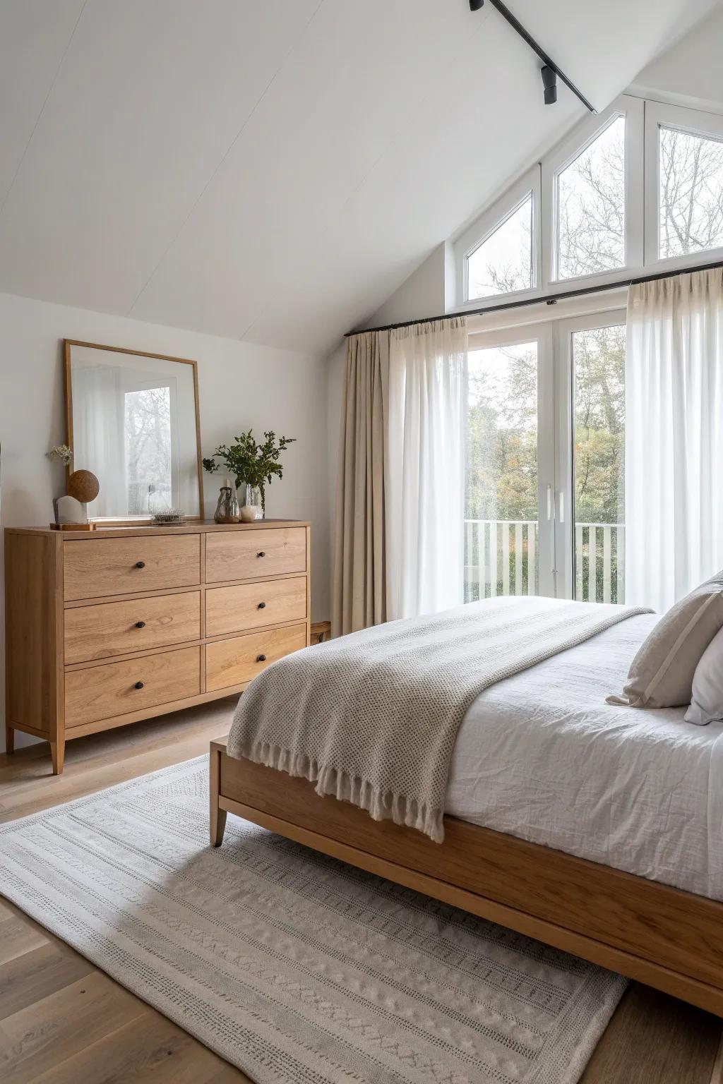 A low oak dresser at the foot of the bed adds storage while keeping the window view wide open.