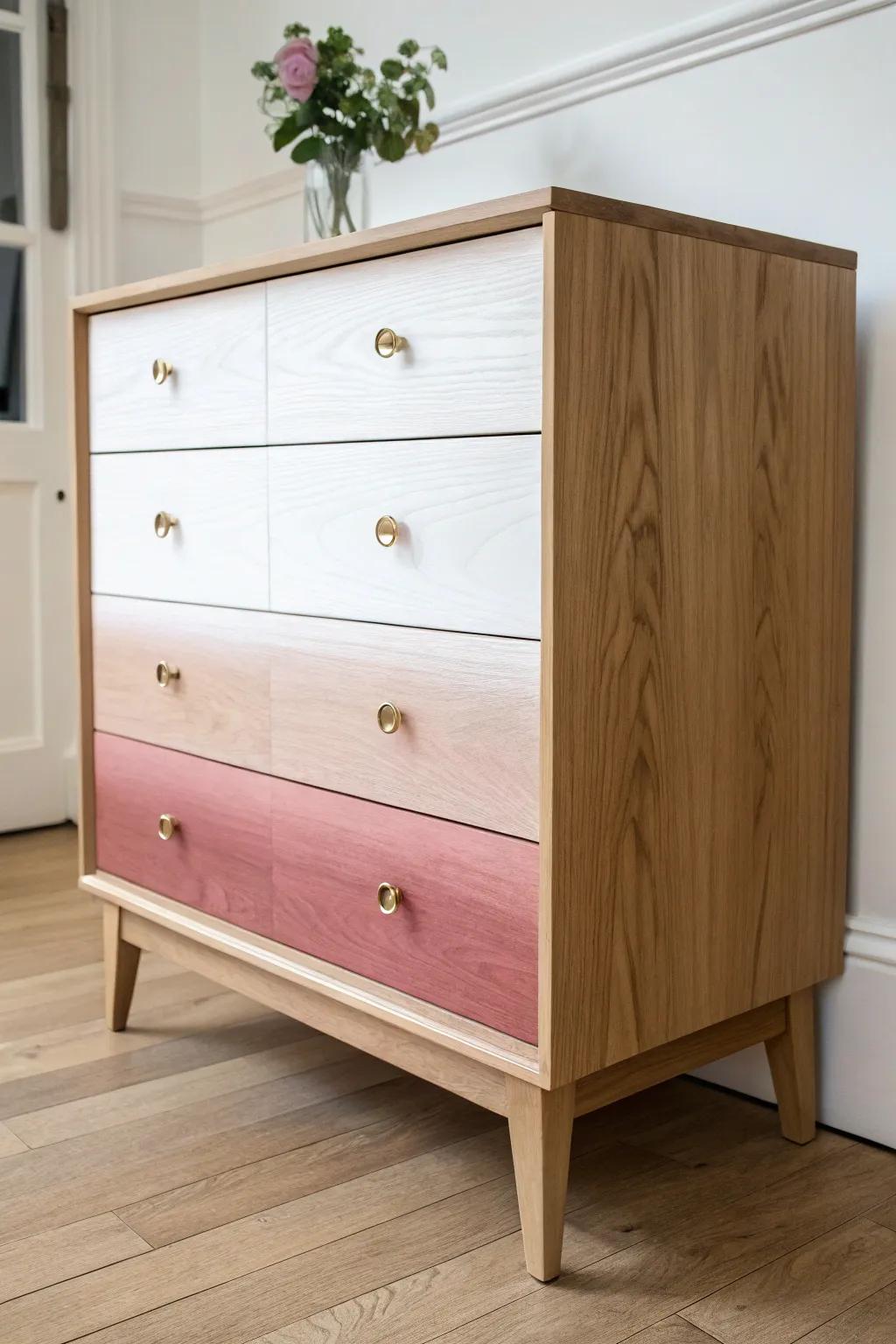 Soft ombré drawers fading upward—one color in many shades, perfect for a petite dresser.