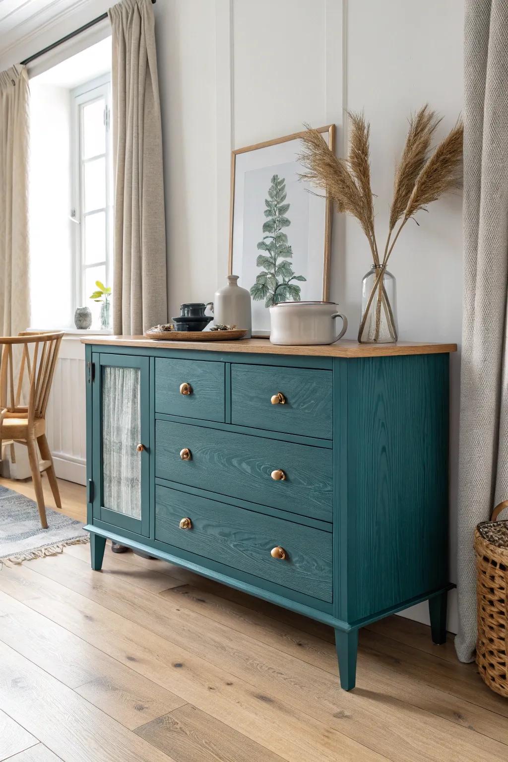 A bold teal dresser in the dining room adds a chic focal point with warm wood balance.