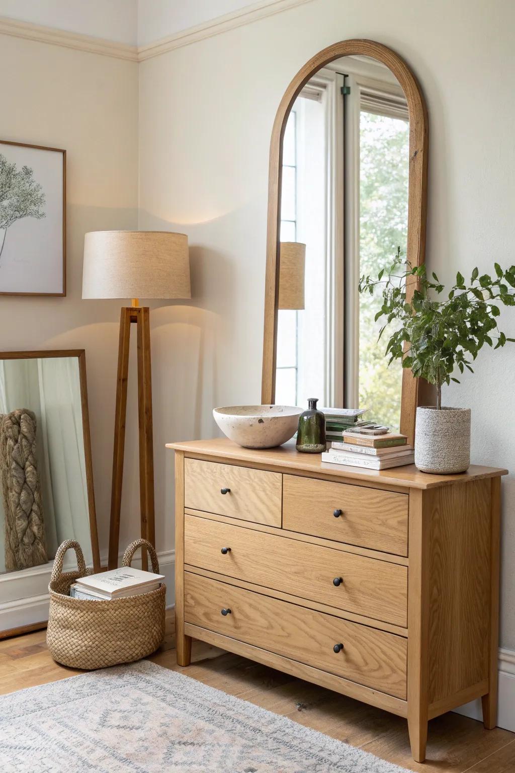 Asymmetrical dresser styling: low, wide books + bowl + plant balancing a tall lamp