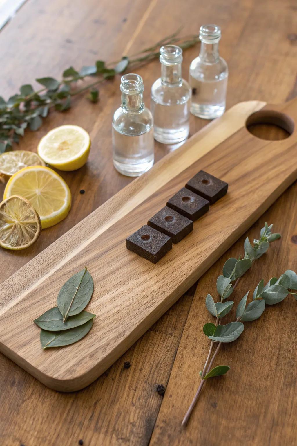Mini bottle tasting board with citrus and chocolates—an elevated sip-flight on reclaimed wood.