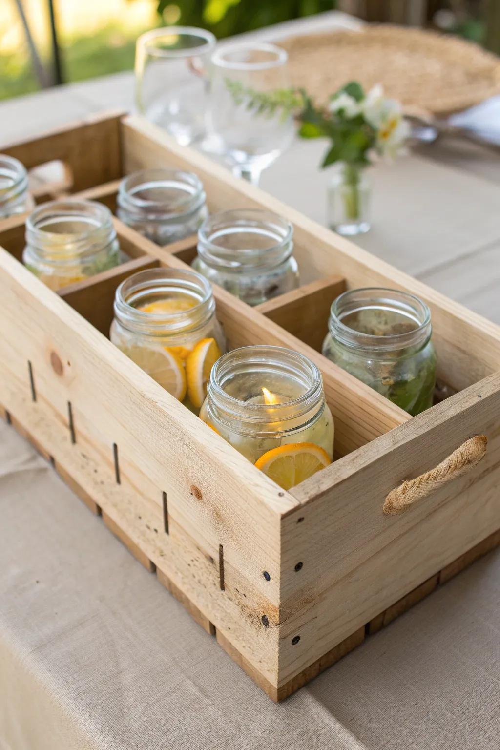 Divided wood crate drinks table—grab-and-go charm that keeps canning jars perfectly quiet.