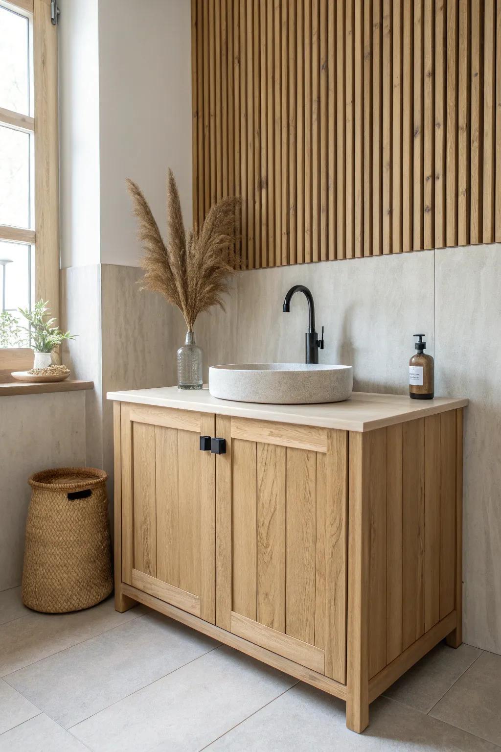 A bold wood-slat backsplash makes a thrifted dry sink bar look instantly custom.