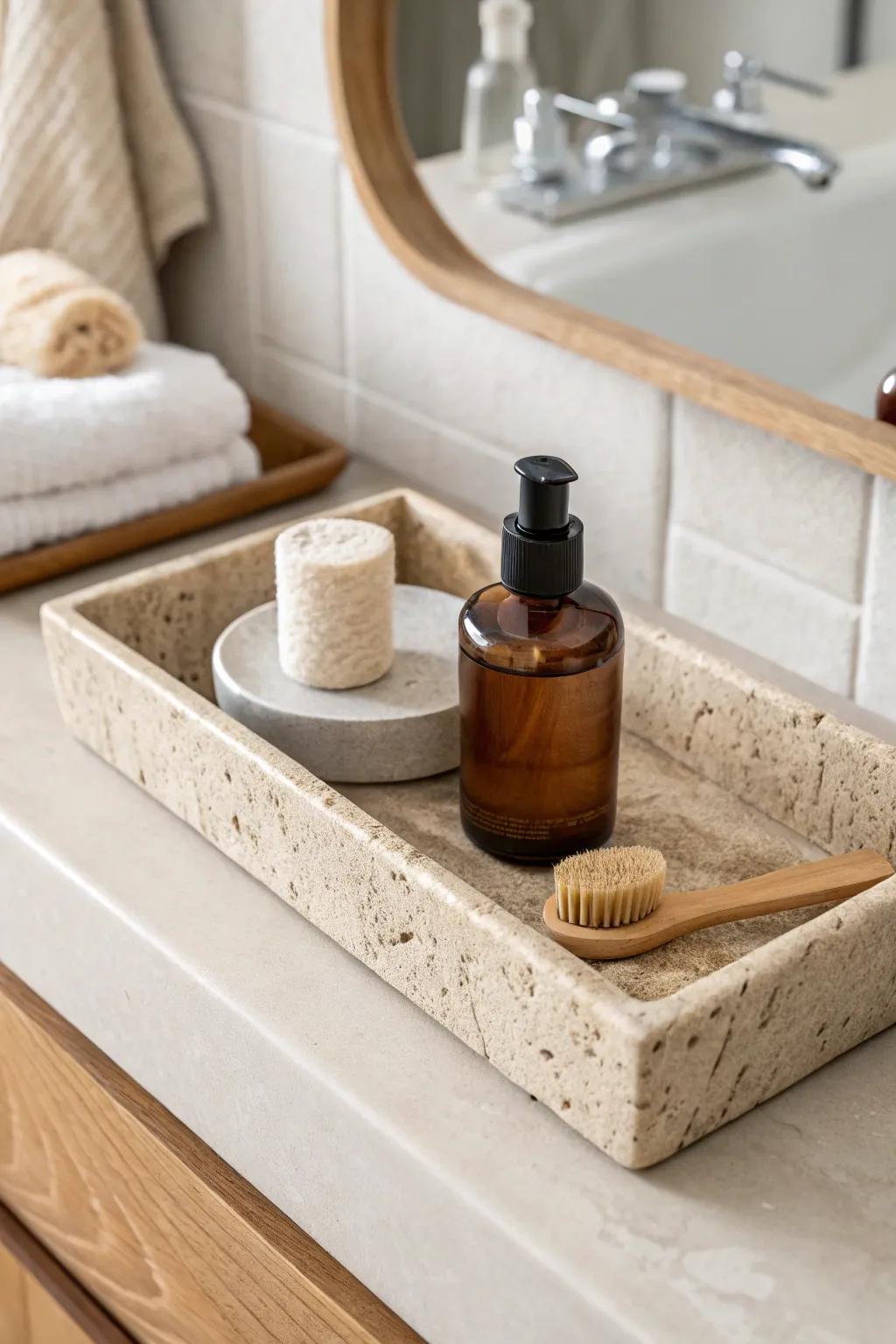 A stone-look tray corrals just a few essentials, leaving your bathroom counter calm and airy.