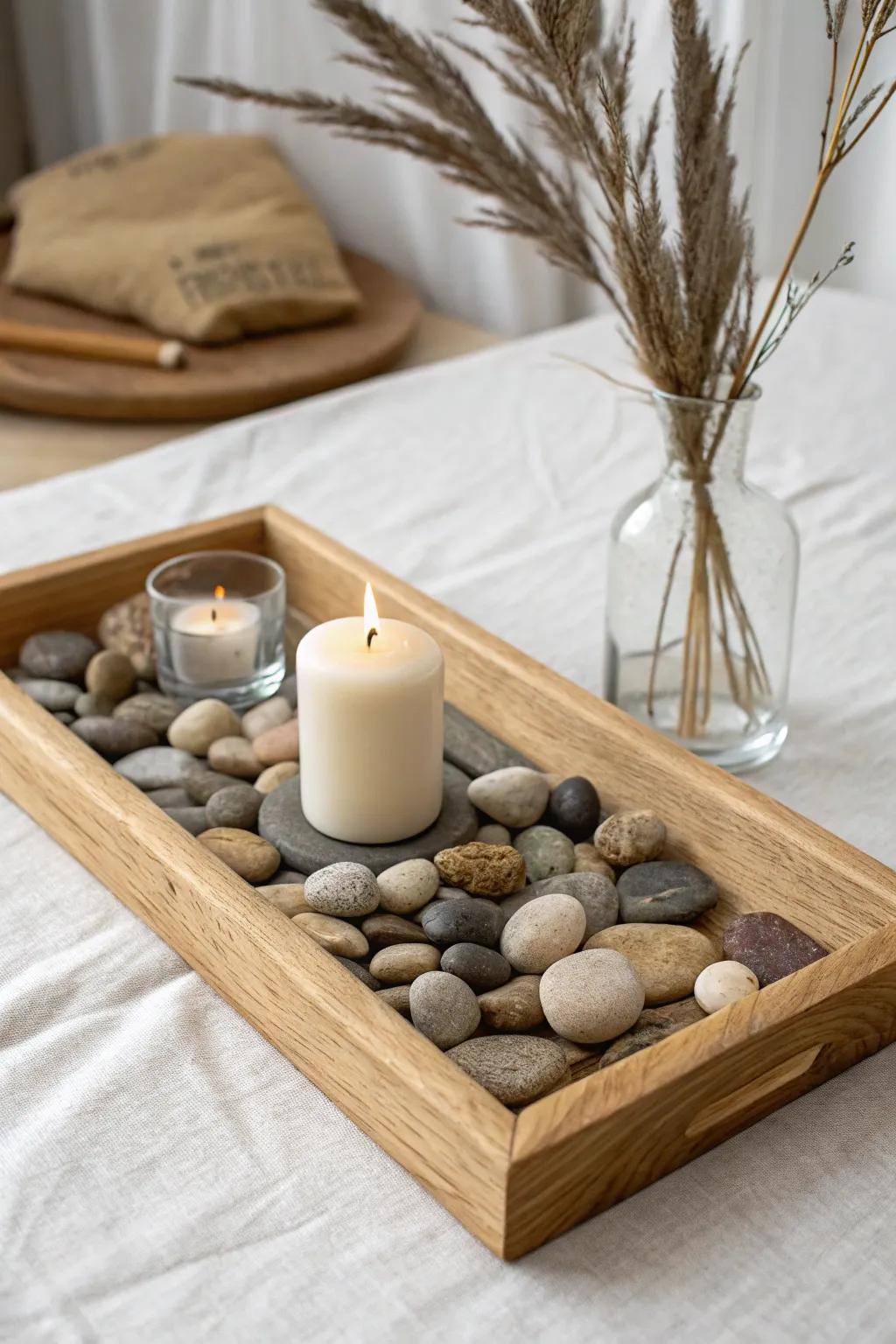 A pebble-and-oak tray centerpiece: simple, earthy, and beautifully handcrafted.