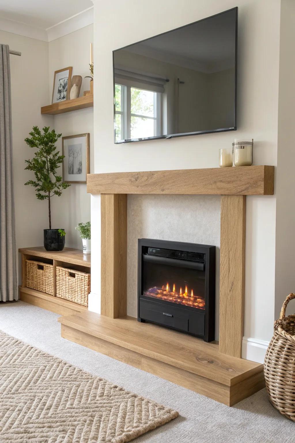 Built-in look: hide TV cords in a discreet wood cable chase above your electric fireplace.