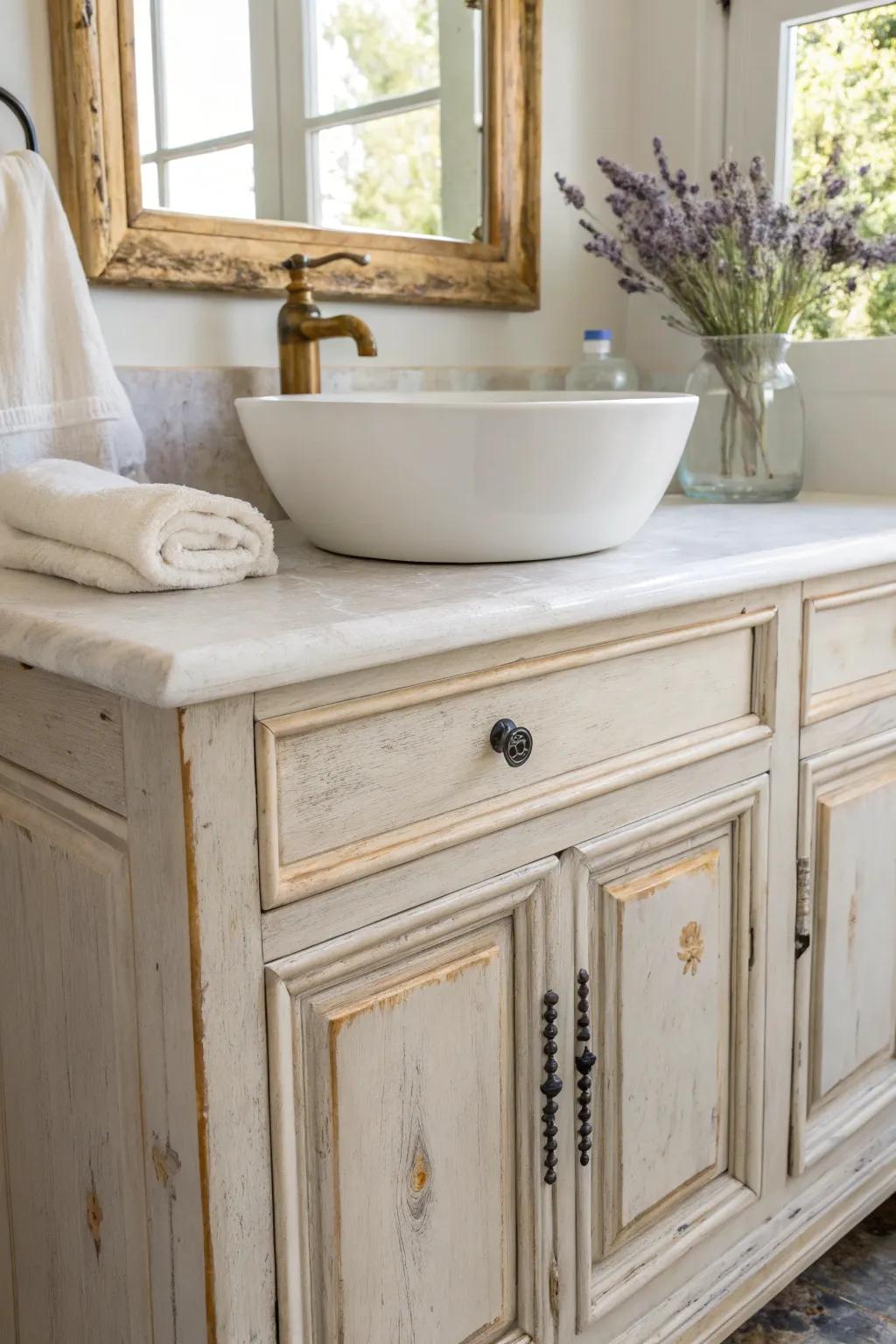 Salvaged door fronts give this French country vanity a timeless, collected charm.