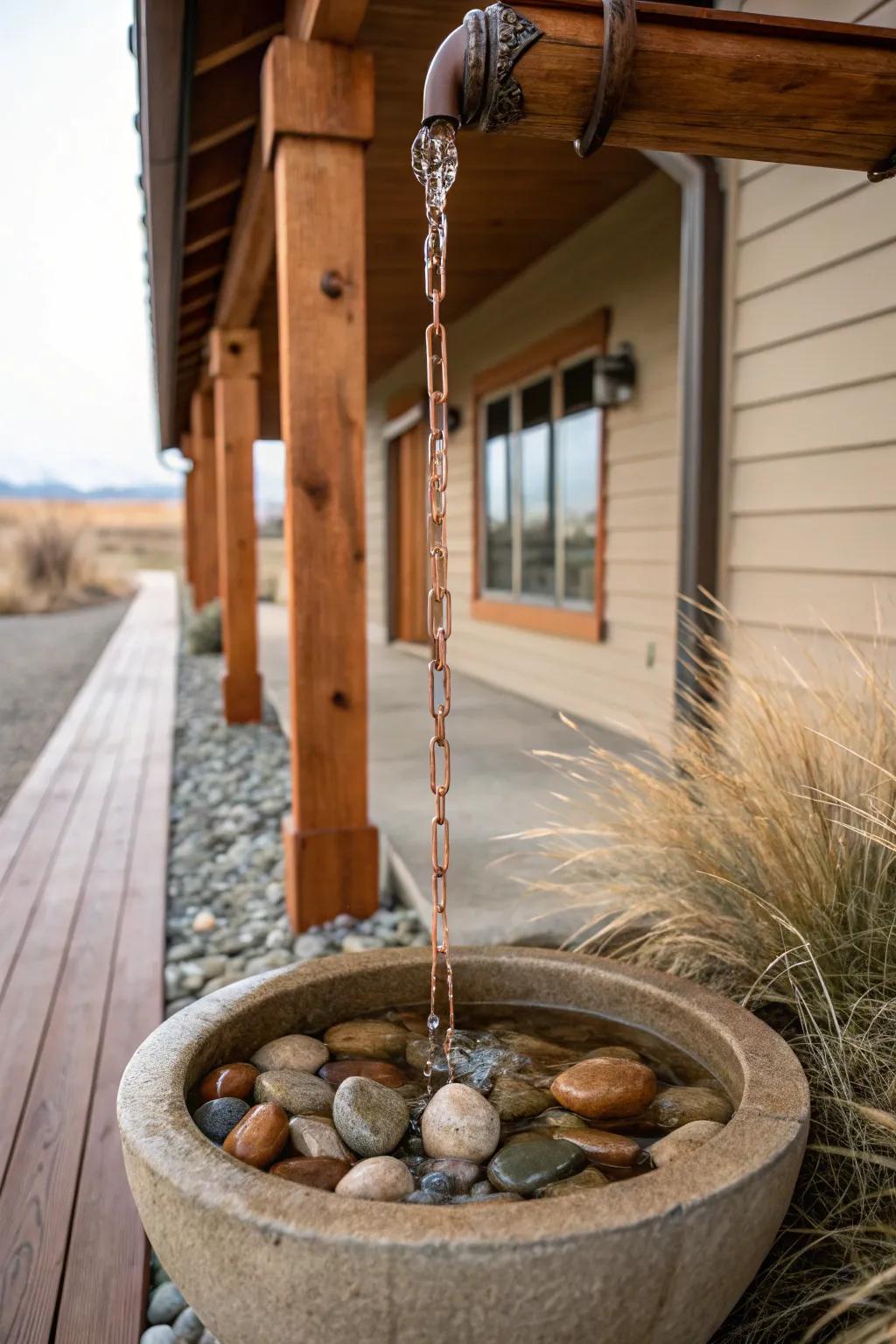 A copper rain chain feeding a stone basin—soft water sounds for a cozy covered walkway.