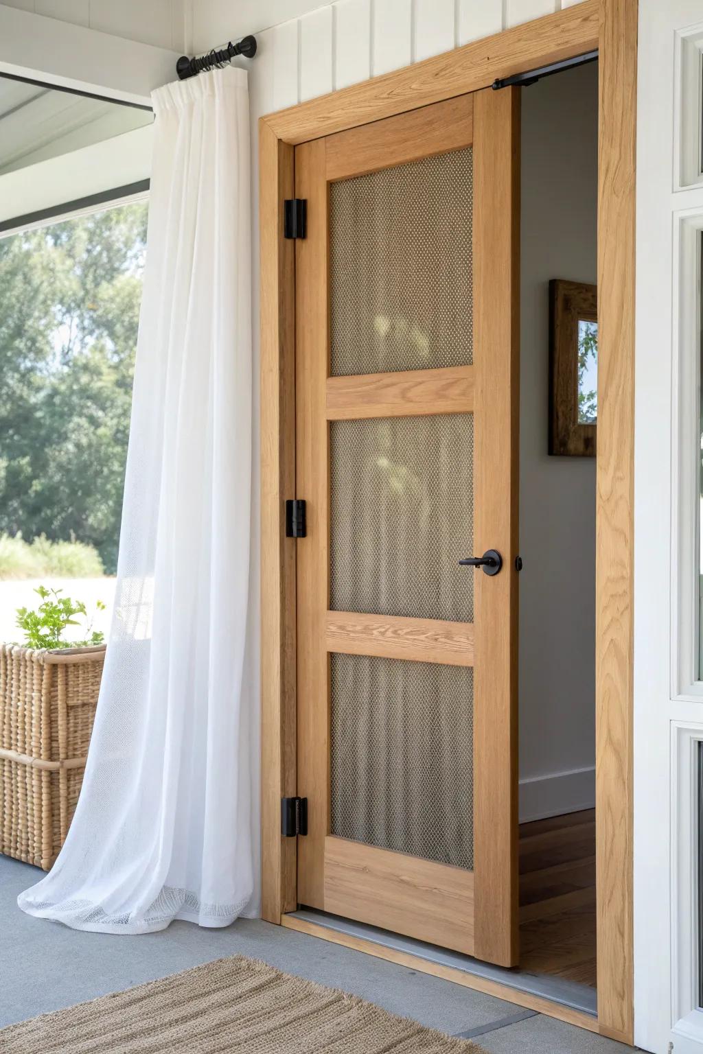 Airy screened wood panel keeps bugs out while letting breezes flow—minimal, warm, and handmade.