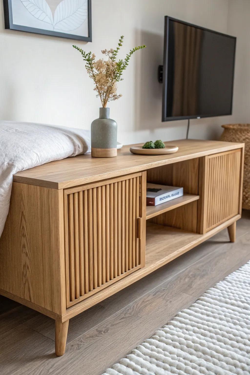 Retro tambour-door TV stand in light oak—sleek end-of-bed storage with handcrafted texture.