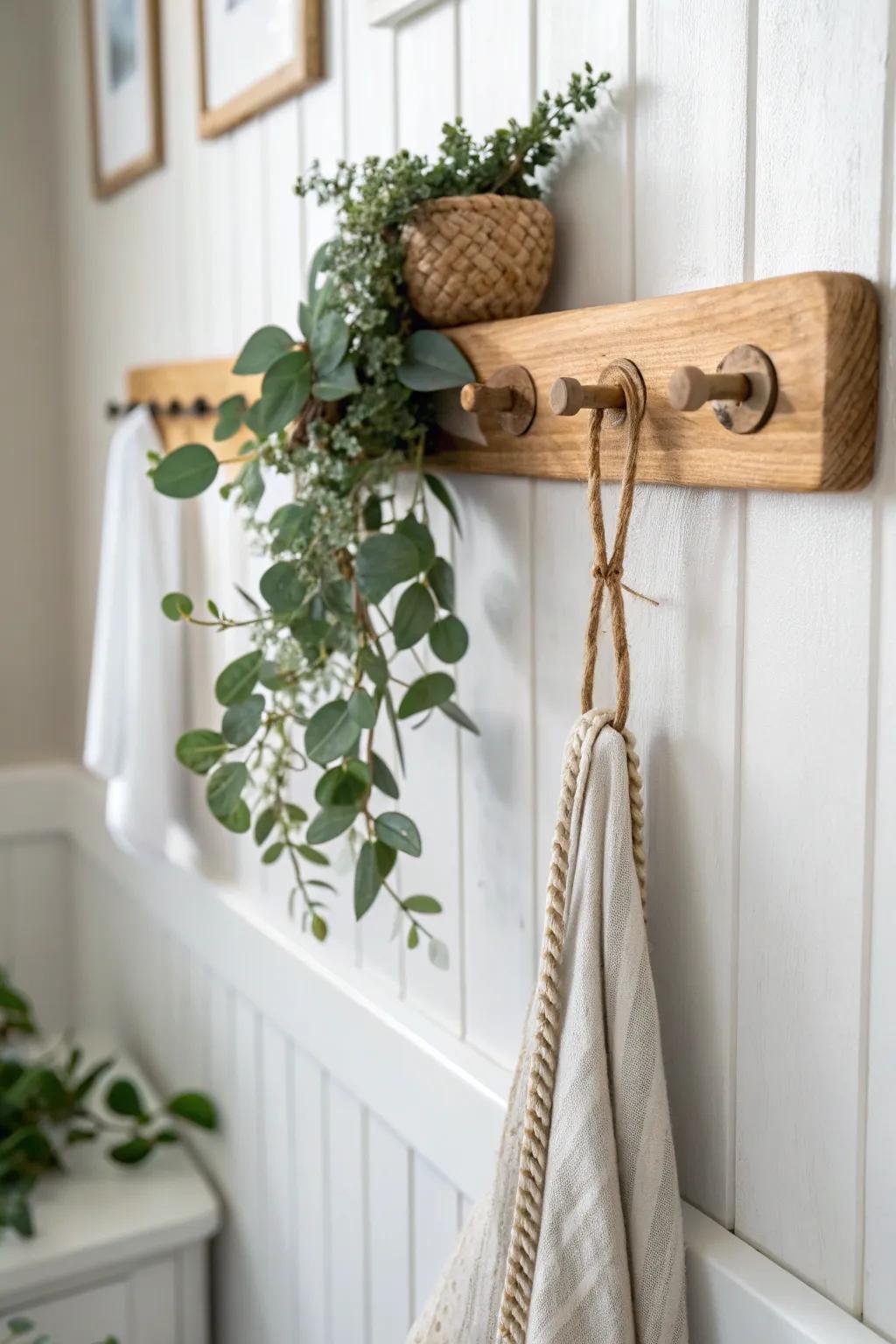 A simple oak peg rail with eucalyptus greens brings fresh, garden-cottage charm indoors.